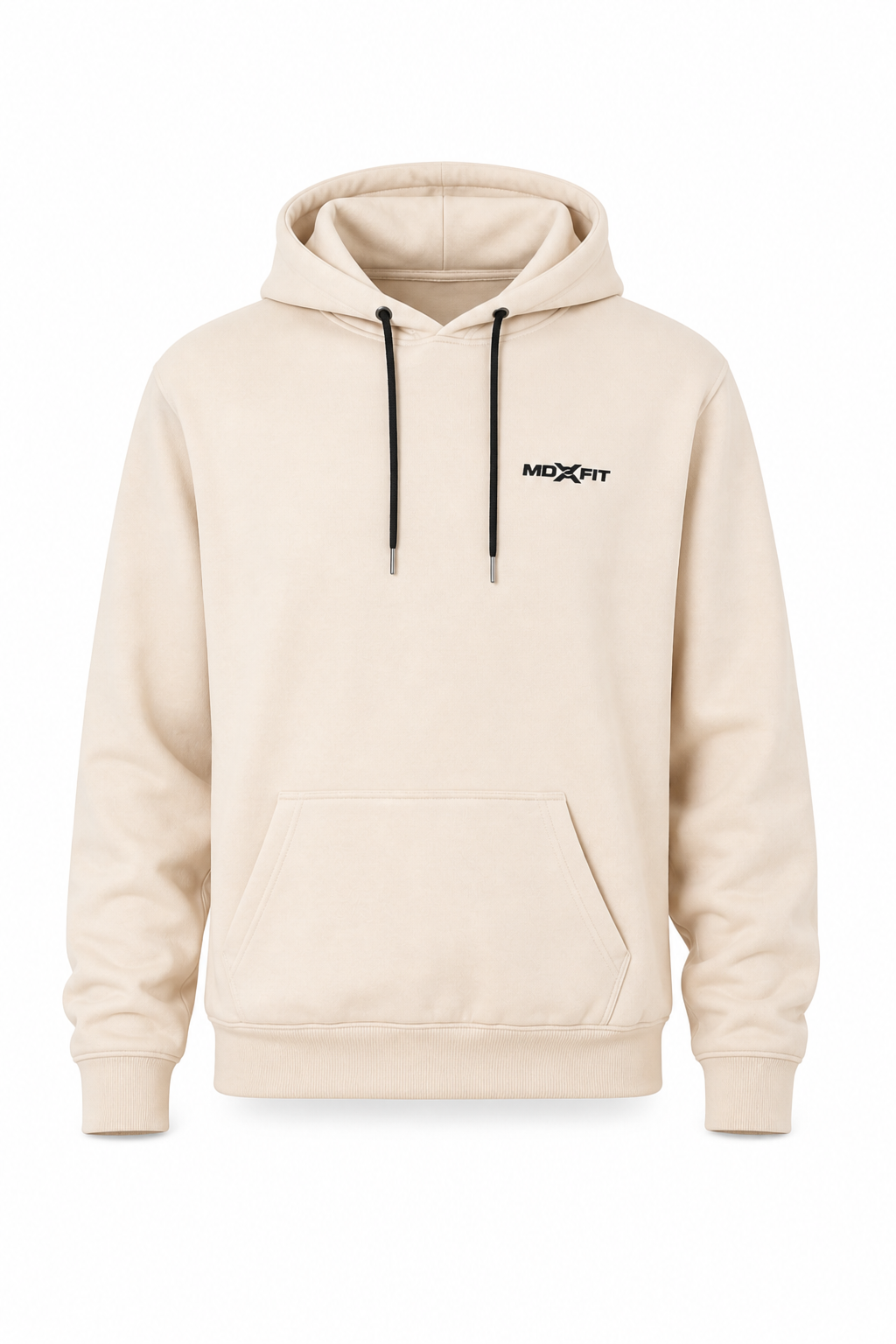 Moletom MD FIT bege off-white com capuz, bolso canguru e logo preto no peito — vista frontal